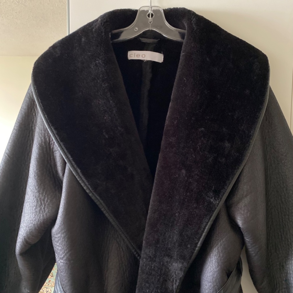 Vintage black faux shearling/leather wrap coat